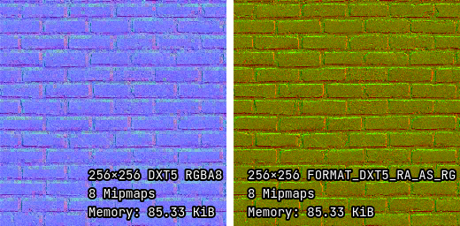 使用标准 VRAM 压缩的正常贴图(左)和使用 RGTC VRAM 压缩的正常贴图(右)