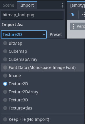 将导入类型修改为 Font Data (Monospace Image Font)
